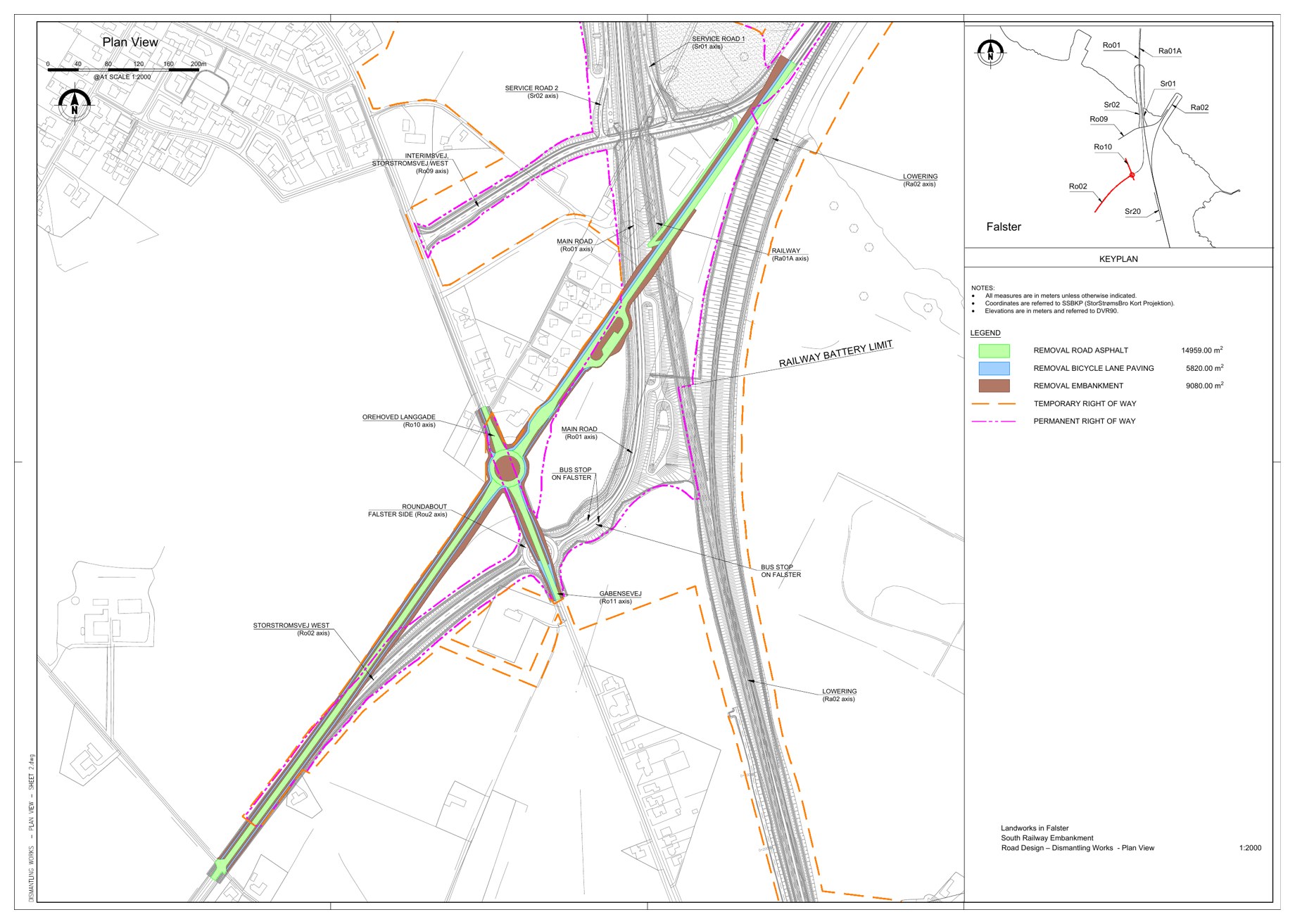 Danimarca: collegamenti del ponte Storstrøm — Planimetria delle opere stradali sul lato Falster, luglio 2019; crediti nei cartigli originali.