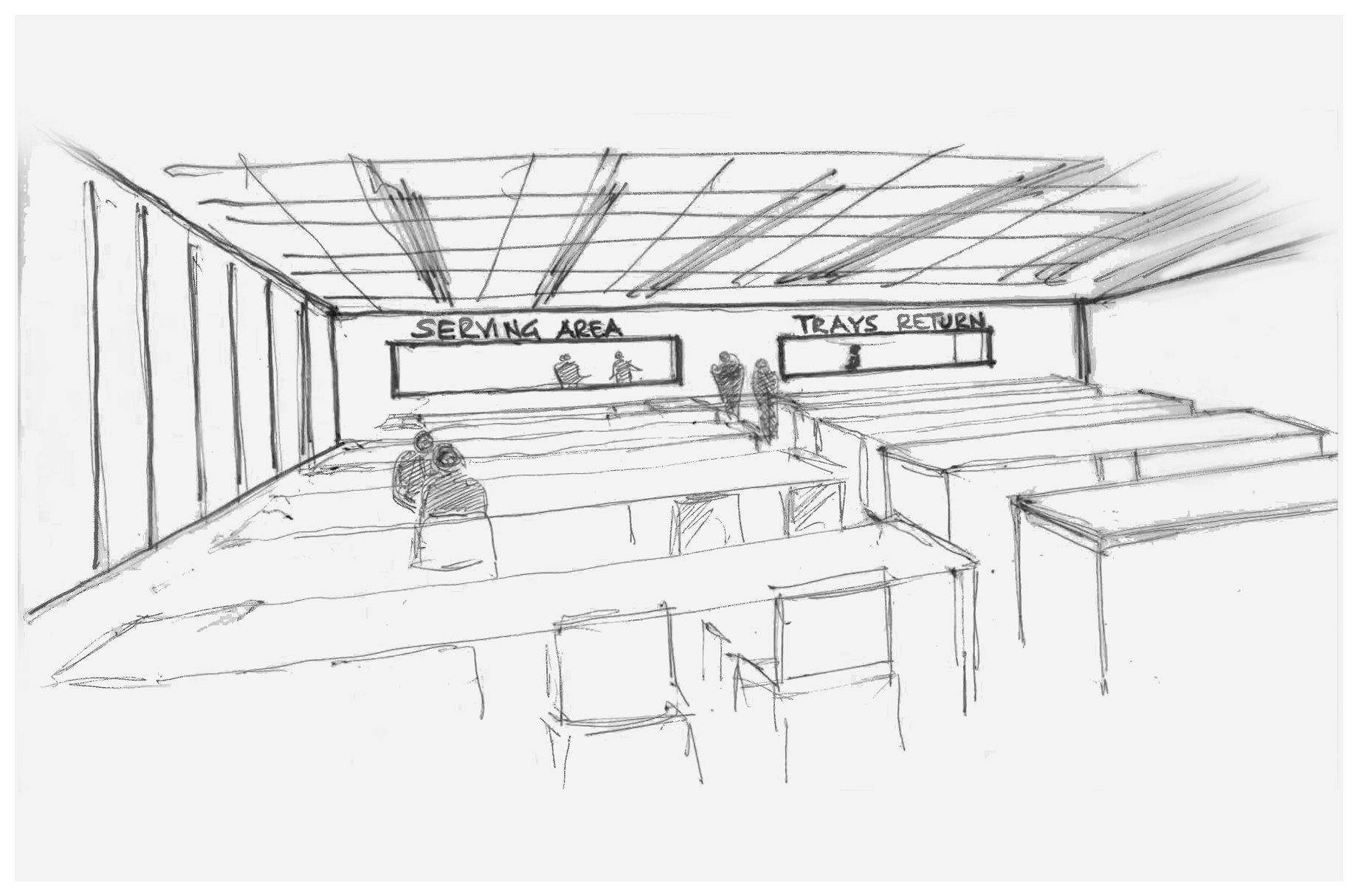Kabul: elaborati e studi per la mensa DFAC-3 — Prospettiva di studio della mensa, elaborato grafico originale conservato nella commessa Kabul 2.
