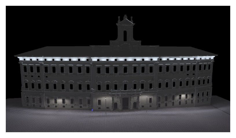 Palazzo Montecitorio: concept illuminotecnico — Simulazione della proposta di illuminazione neutra sul cornicione.