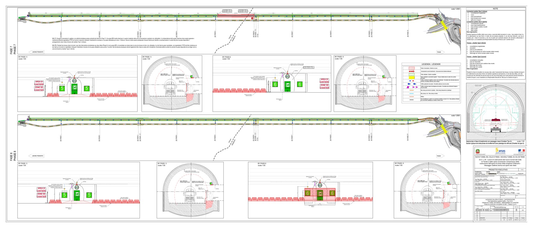 Colle di Tenda: cantierizzazione della galleria storica — Fasi di cantiere: avanzamento delle lavorazioni e sezioni operative, tavola 4.