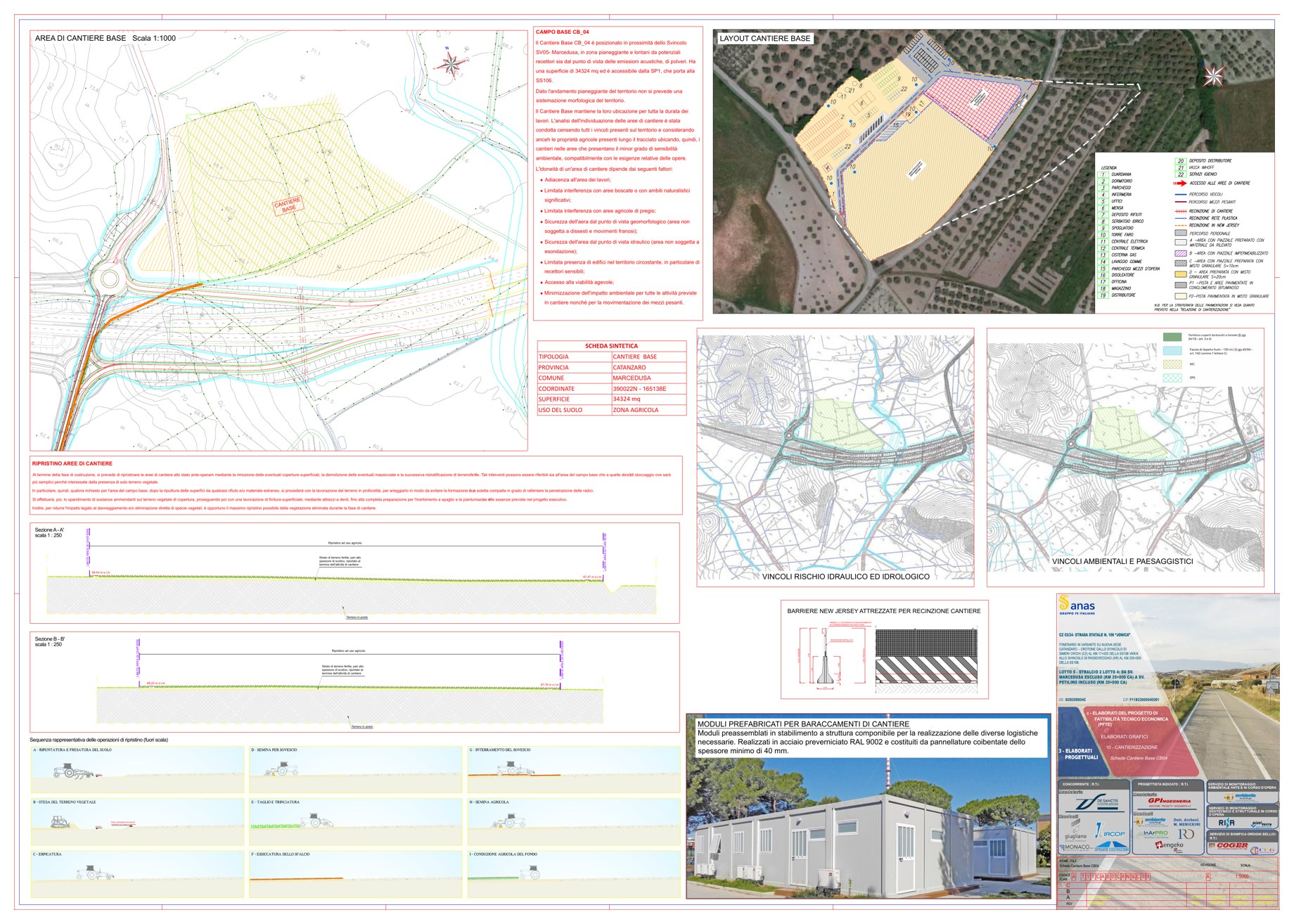 SS106: aree di cantiere per la gara CZ03/24 — Scheda del campo base con layout, sezioni e inquadramenti.