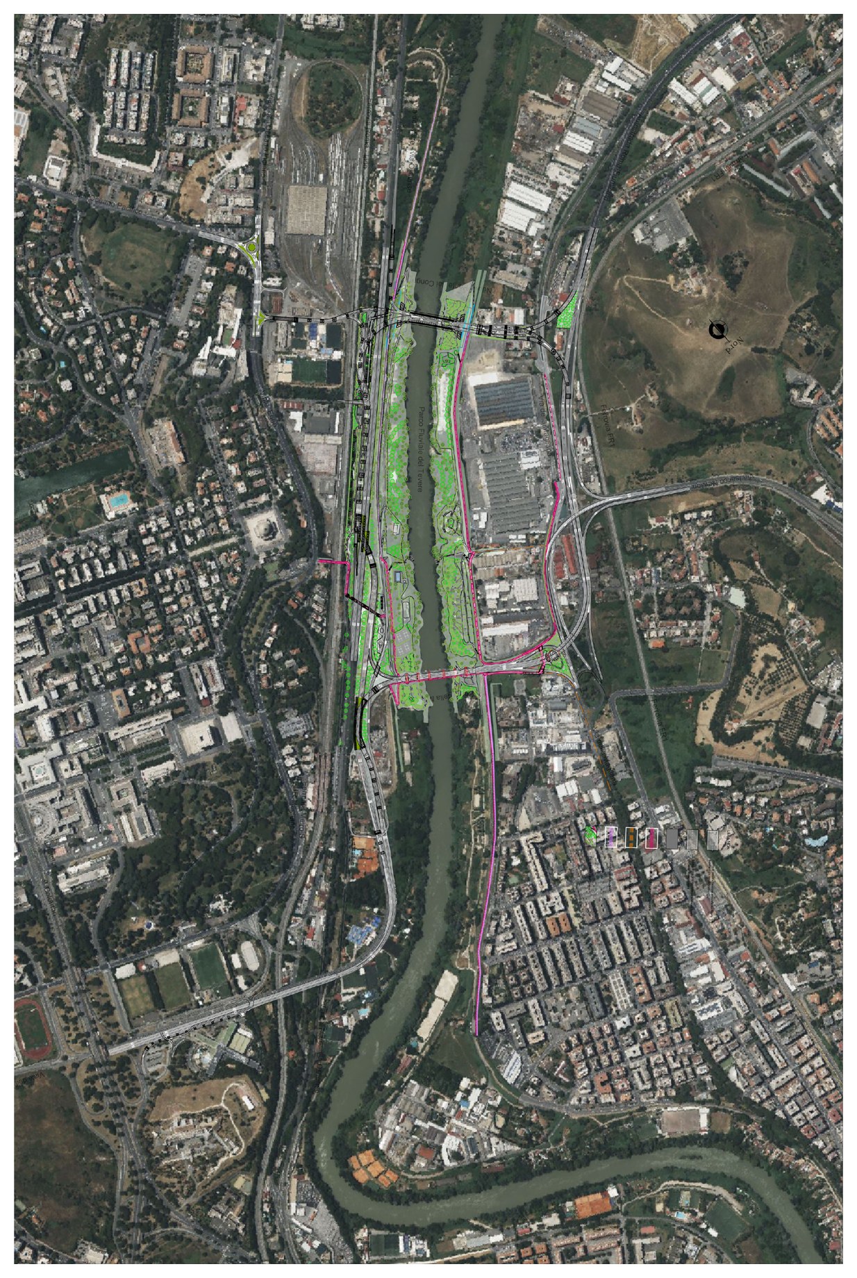 Roma: studi per il Ponte dei Congressi — Inquadramento generale su ortofoto, elaborato di studio.