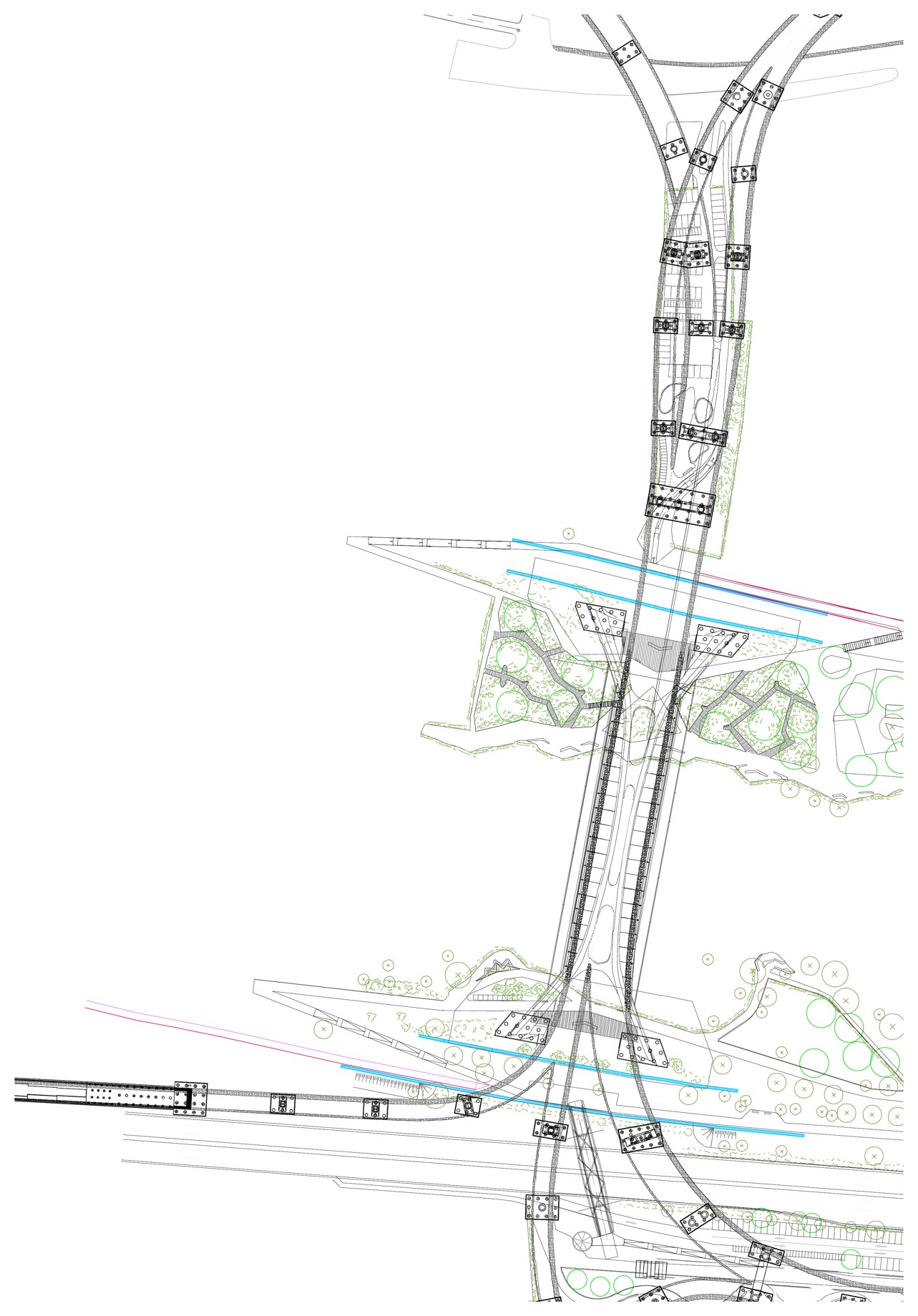 Roma: studi per il Ponte dei Congressi — Schema planimetrico dell’attraversamento e delle connessioni viarie.