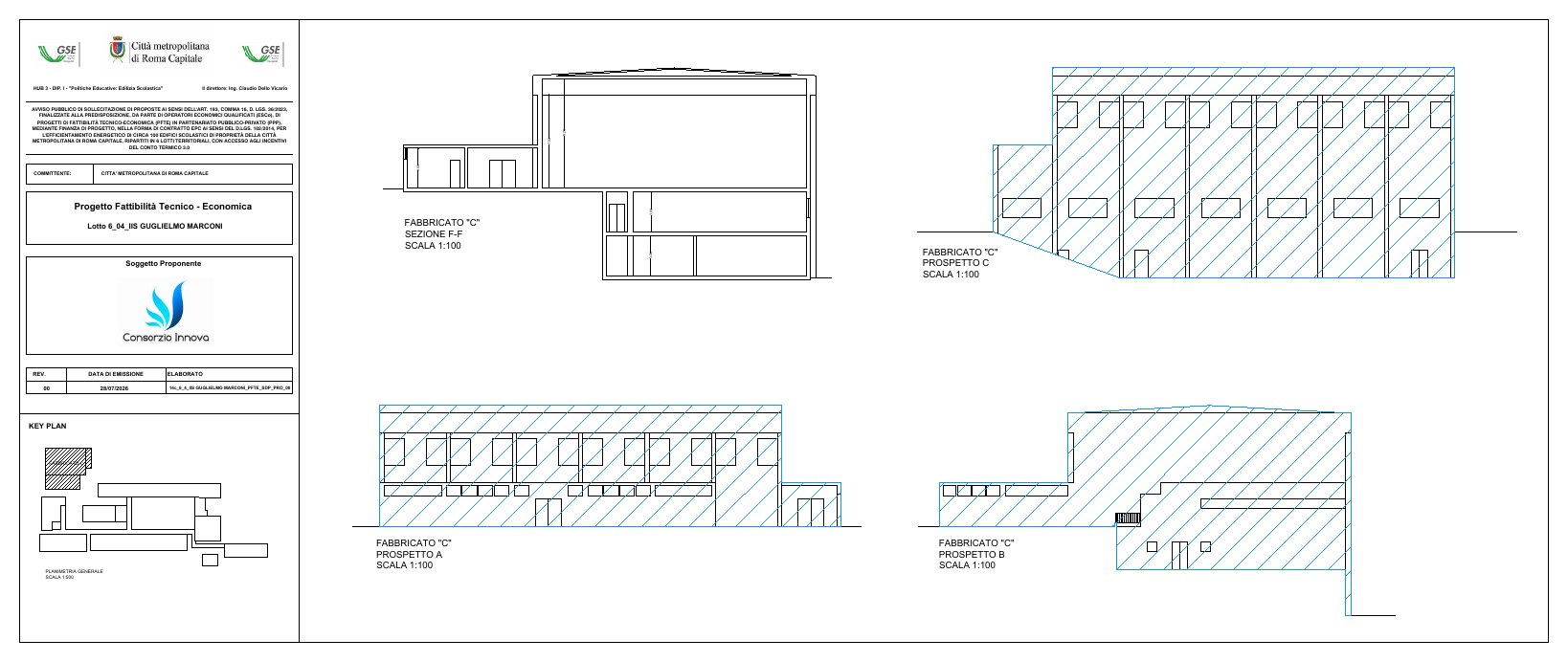 Edifici scolastici: efficientamento energetico — IIS Guglielmo Marconi: prospetti e sezione del fabbricato C.