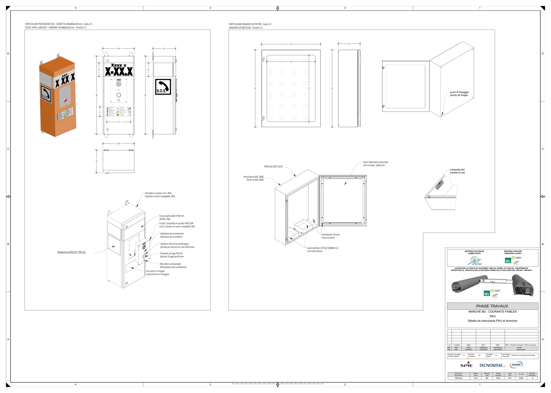 Traforo del Fréjus: seconda canna — Dettagli costruttivi PAU e armadi, tavola RAU-PG-0206-A, emissione settembre 2020.