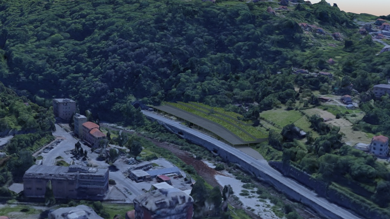 Prato: vista dello studio del nodo di interscambio e dei parcheggi. Modello 3D e render: Francesco Paolo Verardi.