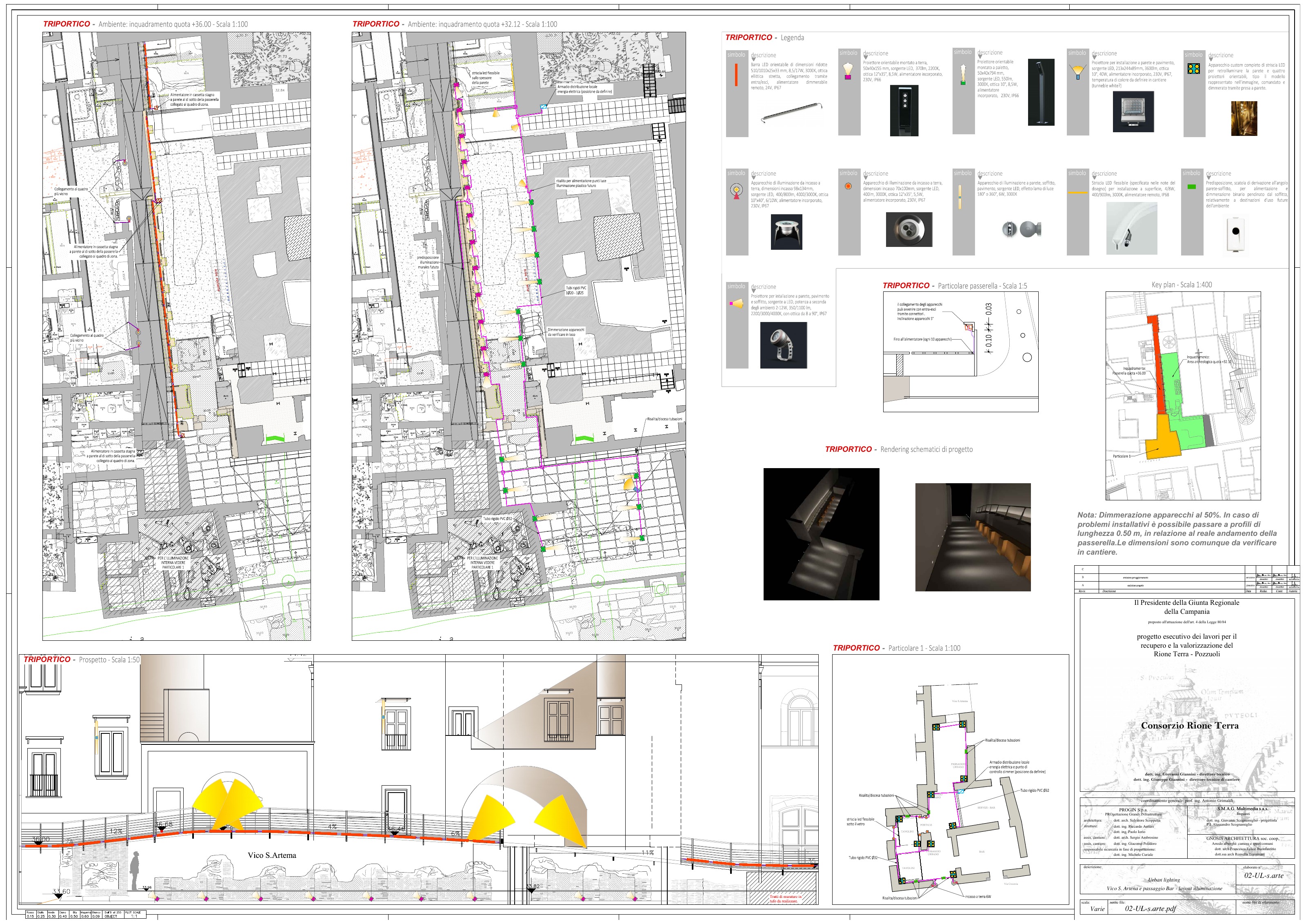 Tavola completa del layout dell’illuminazione del Triportico, con piante, sezioni, dettagli e cartiglio