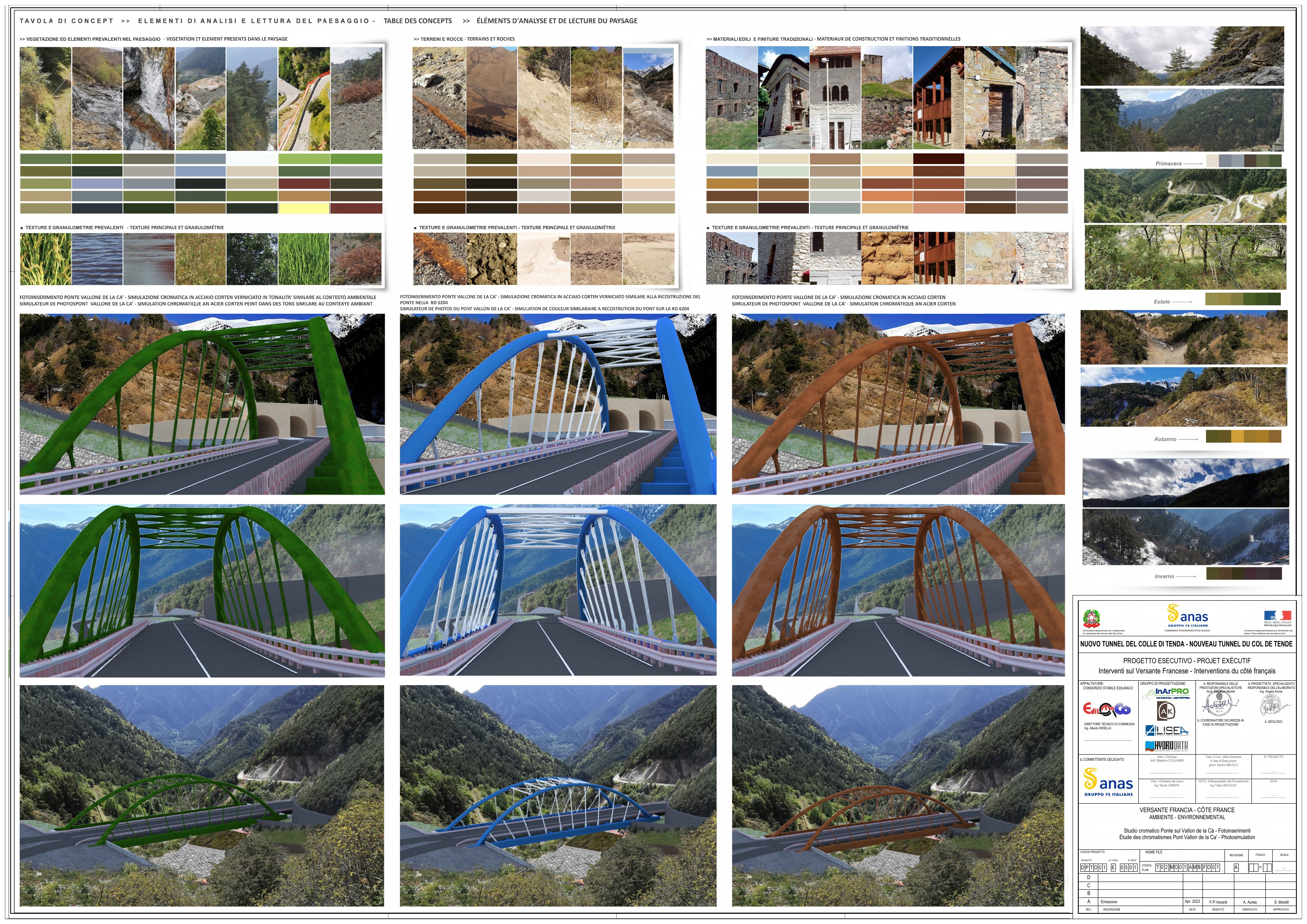 Studio cromatico del ponte sul Vallon de la Cà — Fotoinserimenti. Modello 3D, studio cromatico e fotoinserimenti: Francesco Paolo Verardi, nell’ambito della collaborazione con InArPRO. Elaborato di aprile 2023.